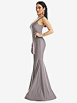 Side View Thumbnail - Cashmere Gray Square Neck Stretch Satin Mermaid Dress with Slight Train
