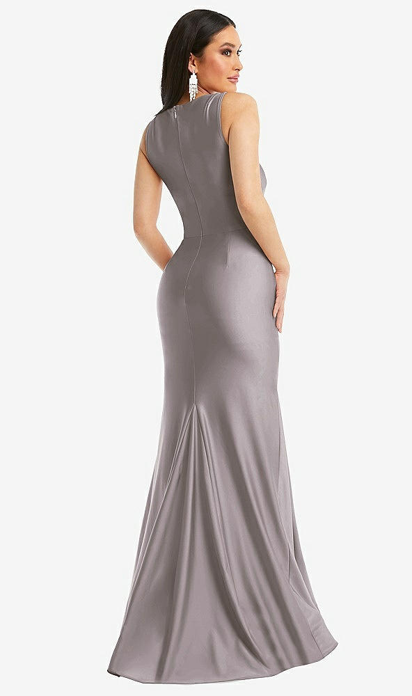 Back View - Cashmere Gray Square Neck Stretch Satin Mermaid Dress with Slight Train