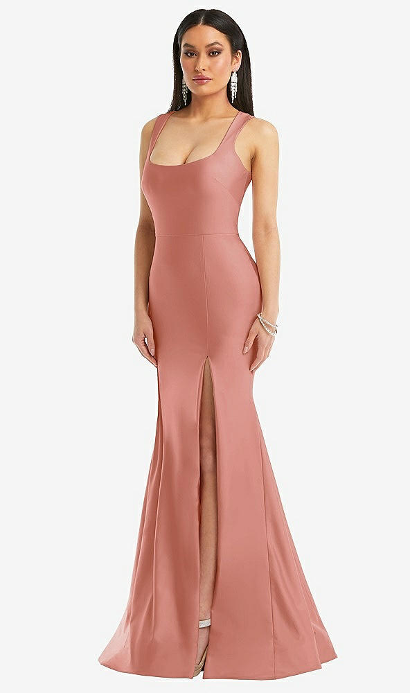 Front View - Desert Rose Square Neck Stretch Satin Mermaid Dress with Slight Train