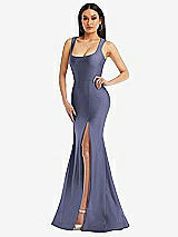 Alt View 1 Thumbnail - French Blue Square Neck Stretch Satin Mermaid Dress with Slight Train