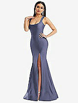 Alt View 2 Thumbnail - French Blue Square Neck Stretch Satin Mermaid Dress with Slight Train