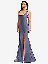 Front View Thumbnail - French Blue Square Neck Stretch Satin Mermaid Dress with Slight Train