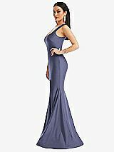 Side View Thumbnail - French Blue Square Neck Stretch Satin Mermaid Dress with Slight Train