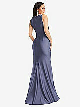 Rear View Thumbnail - French Blue Square Neck Stretch Satin Mermaid Dress with Slight Train
