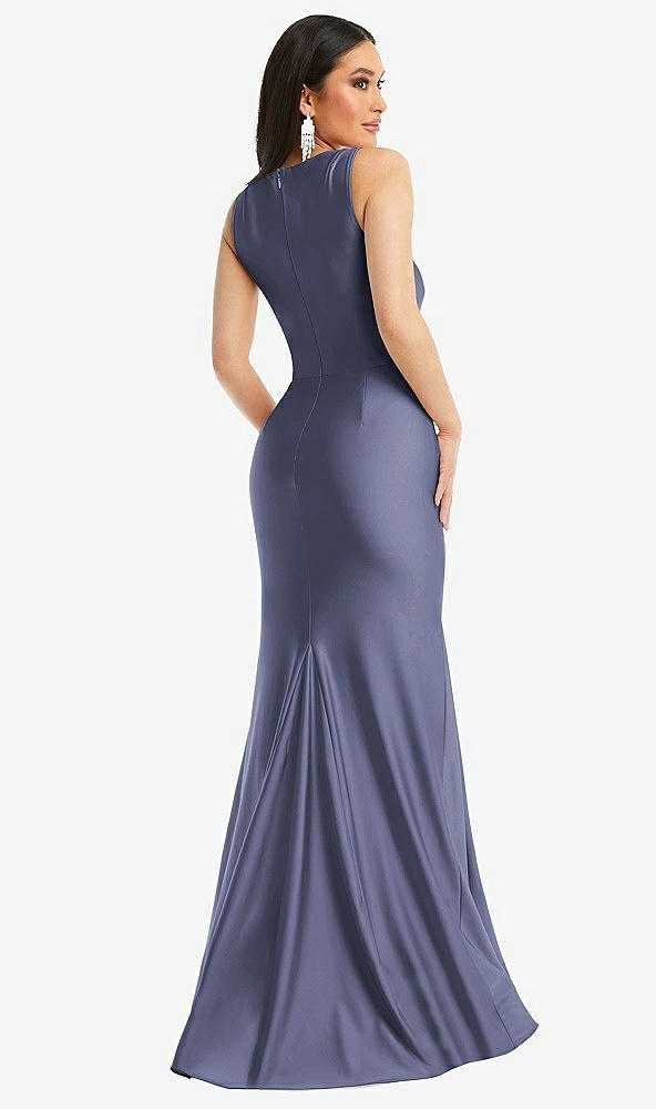 Back View - French Blue Square Neck Stretch Satin Mermaid Dress with Slight Train