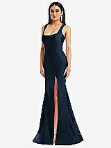 Front View Thumbnail - Midnight Navy Square Neck Stretch Satin Mermaid Dress with Slight Train