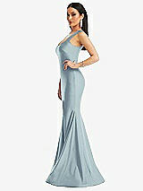 Side View Thumbnail - Mist Square Neck Stretch Satin Mermaid Dress with Slight Train