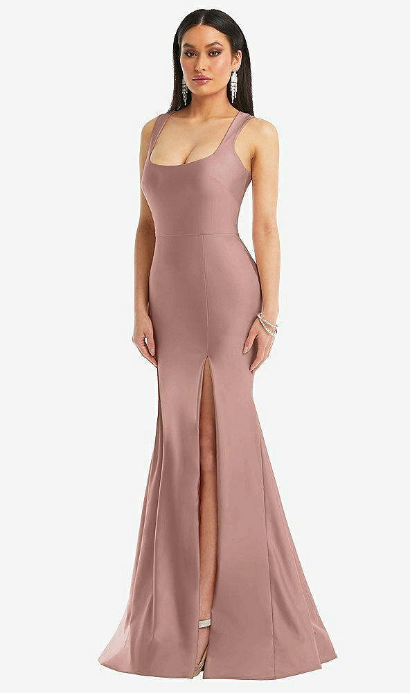 Front View - Neu Nude Square Neck Stretch Satin Mermaid Dress with Slight Train