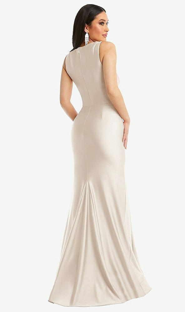 Back View - Oat Square Neck Stretch Satin Mermaid Dress with Slight Train
