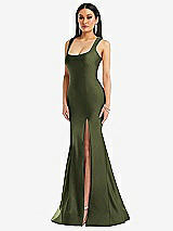 Front View Thumbnail - Olive Green Square Neck Stretch Satin Mermaid Dress with Slight Train