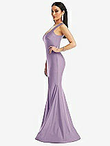 Side View Thumbnail - Pale Purple Square Neck Stretch Satin Mermaid Dress with Slight Train