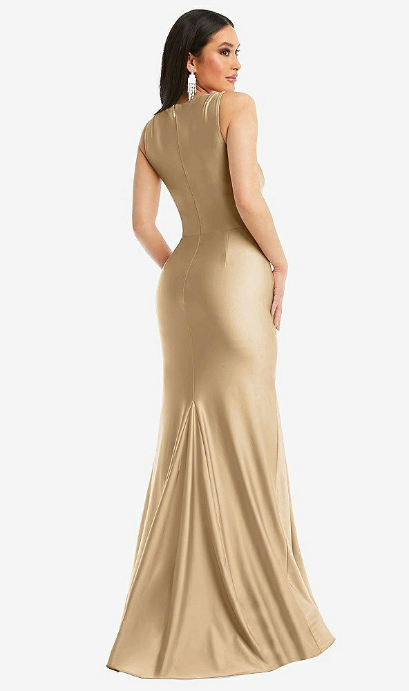 Back View - Soft Gold Square Neck Stretch Satin Mermaid Dress with Slight Train