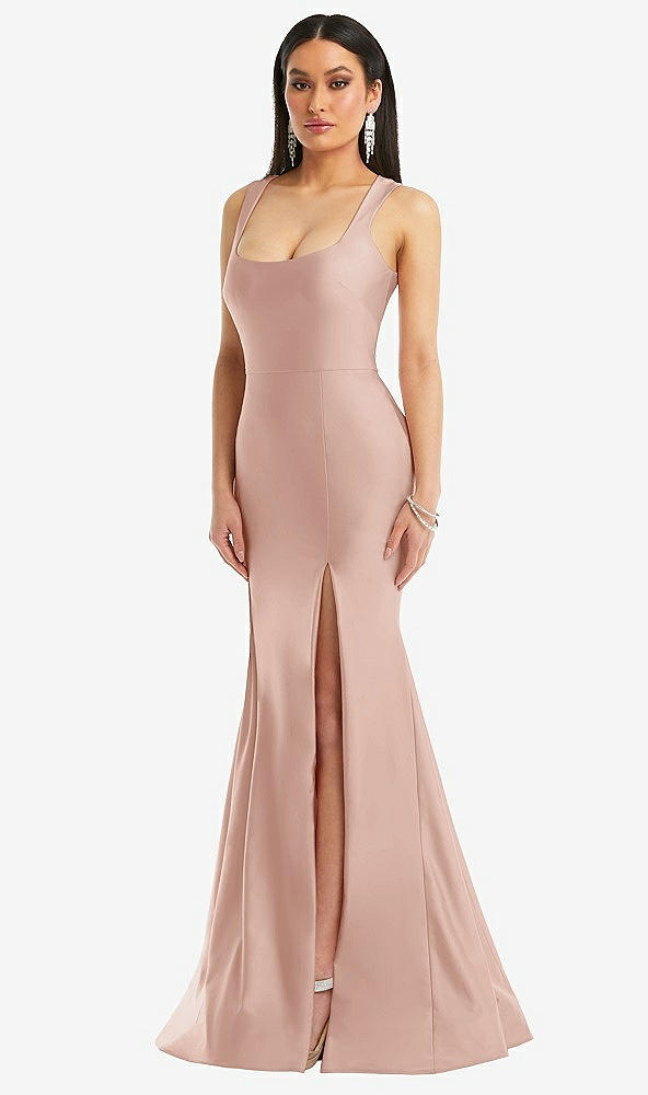 Front View - Toasted Sugar Square Neck Stretch Satin Mermaid Dress with Slight Train