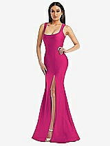 Alt View 1 Thumbnail - Think Pink Square Neck Stretch Satin Mermaid Dress with Slight Train