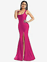 Alt View 2 Thumbnail - Think Pink Square Neck Stretch Satin Mermaid Dress with Slight Train