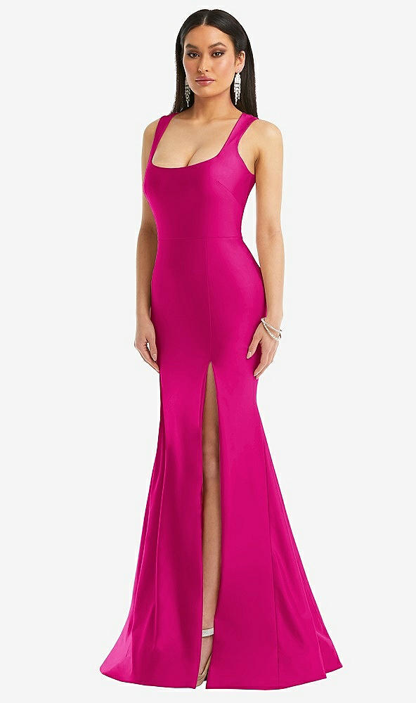 Front View - Think Pink Square Neck Stretch Satin Mermaid Dress with Slight Train