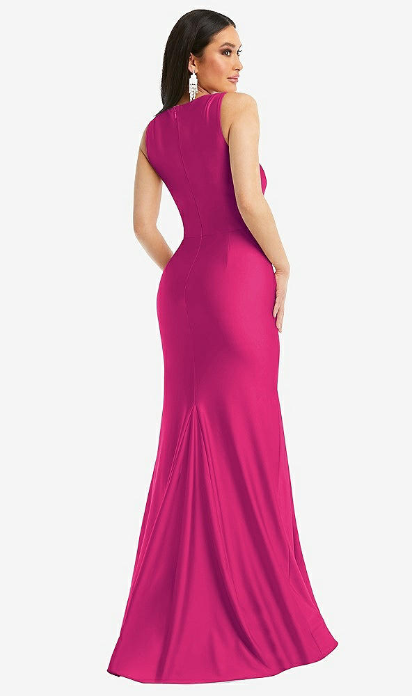 Back View - Think Pink Square Neck Stretch Satin Mermaid Dress with Slight Train