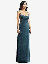 Front View Thumbnail - Dutch Blue Spaghetti Strap Cutout Midriff Velvet Maxi Dress
