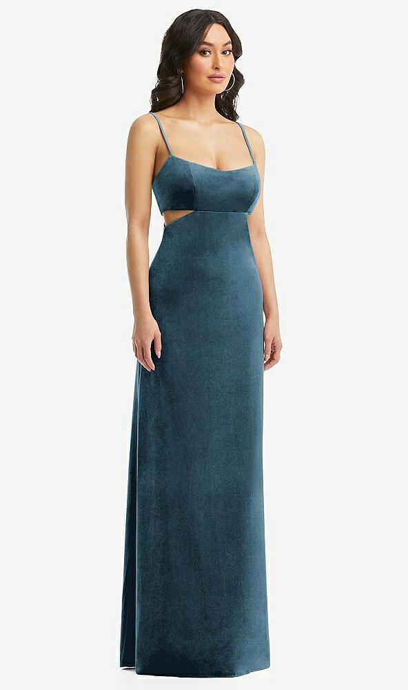 Front View - Dutch Blue Spaghetti Strap Cutout Midriff Velvet Maxi Dress