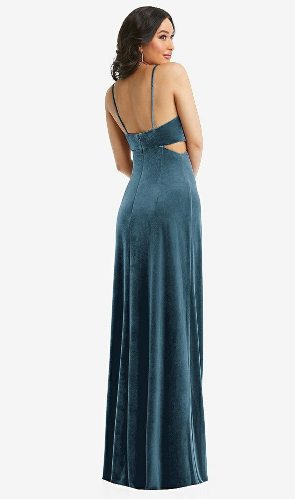 Back View - Dutch Blue Spaghetti Strap Cutout Midriff Velvet Maxi Dress