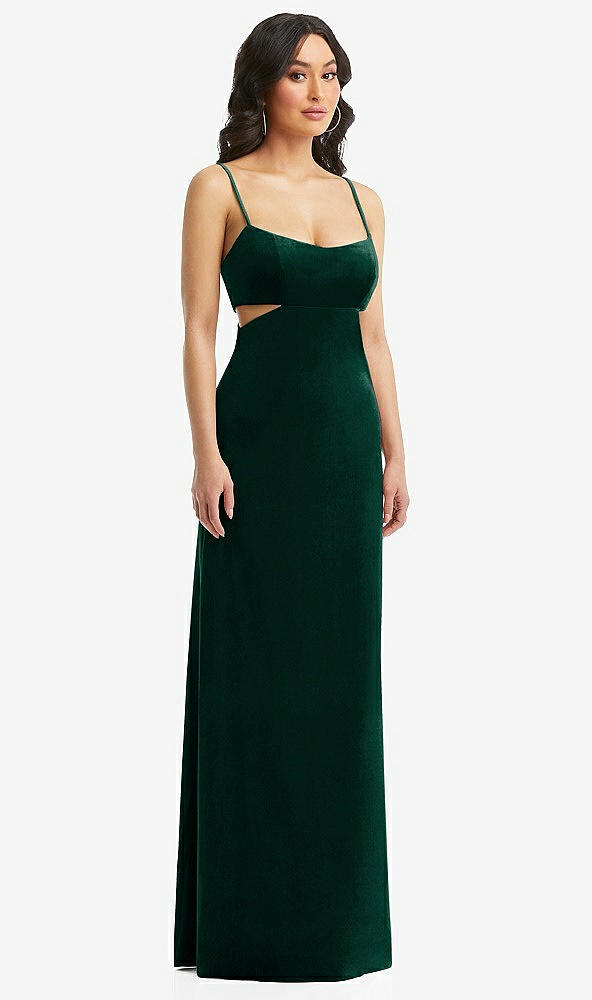 Front View - Evergreen Spaghetti Strap Cutout Midriff Velvet Maxi Dress