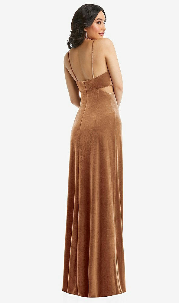 Back View - Golden Almond Spaghetti Strap Cutout Midriff Velvet Maxi Dress
