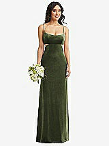Alt View 1 Thumbnail - Olive Green Spaghetti Strap Cutout Midriff Velvet Maxi Dress