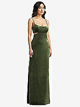 Front View Thumbnail - Olive Green Spaghetti Strap Cutout Midriff Velvet Maxi Dress