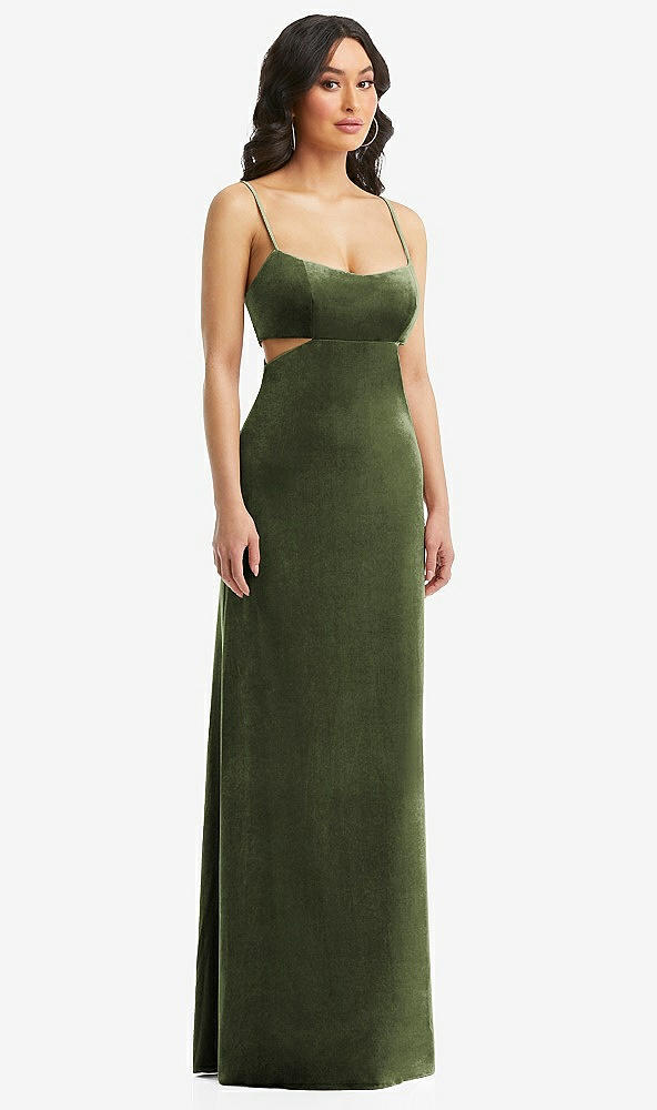 Front View - Olive Green Spaghetti Strap Cutout Midriff Velvet Maxi Dress