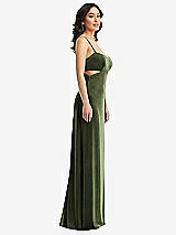 Side View Thumbnail - Olive Green Spaghetti Strap Cutout Midriff Velvet Maxi Dress