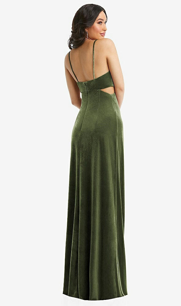 Back View - Olive Green Spaghetti Strap Cutout Midriff Velvet Maxi Dress