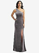 Front View Thumbnail - Caviar Gray One-Shoulder Velvet Trumpet Gown with Front Slit