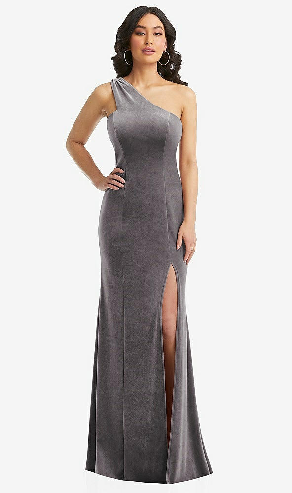 Front View - Caviar Gray One-Shoulder Velvet Trumpet Gown with Front Slit