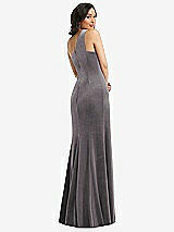 Rear View Thumbnail - Caviar Gray One-Shoulder Velvet Trumpet Gown with Front Slit