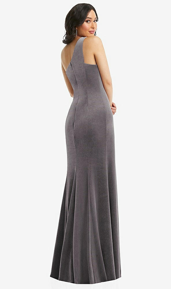 Back View - Caviar Gray One-Shoulder Velvet Trumpet Gown with Front Slit