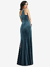 Rear View Thumbnail - Dutch Blue One-Shoulder Velvet Trumpet Gown with Front Slit