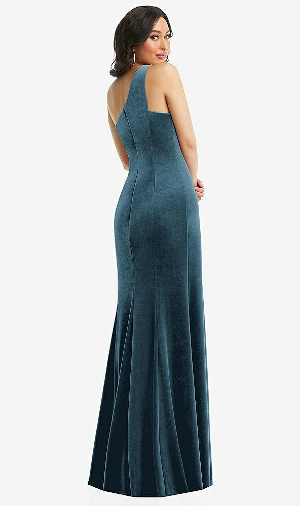 Back View - Dutch Blue One-Shoulder Velvet Trumpet Gown with Front Slit
