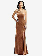Front View Thumbnail - Golden Almond One-Shoulder Velvet Trumpet Gown with Front Slit