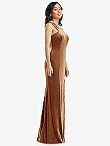 Side View Thumbnail - Golden Almond One-Shoulder Velvet Trumpet Gown with Front Slit