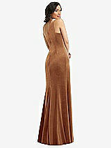 Rear View Thumbnail - Golden Almond One-Shoulder Velvet Trumpet Gown with Front Slit