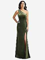 Front View Thumbnail - Olive Green One-Shoulder Velvet Trumpet Gown with Front Slit