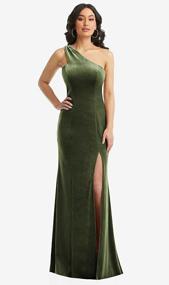 Front View - Olive Green One-Shoulder Velvet Trumpet Gown with Front Slit