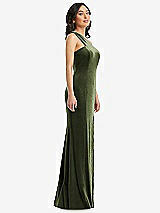 Side View Thumbnail - Olive Green One-Shoulder Velvet Trumpet Gown with Front Slit