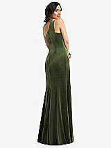 Rear View Thumbnail - Olive Green One-Shoulder Velvet Trumpet Gown with Front Slit