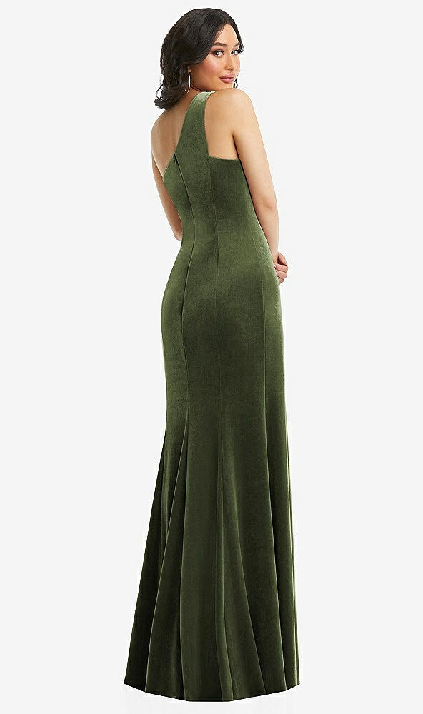 Back View - Olive Green One-Shoulder Velvet Trumpet Gown with Front Slit