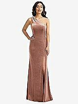 Front View Thumbnail - Tawny Rose One-Shoulder Velvet Trumpet Gown with Front Slit