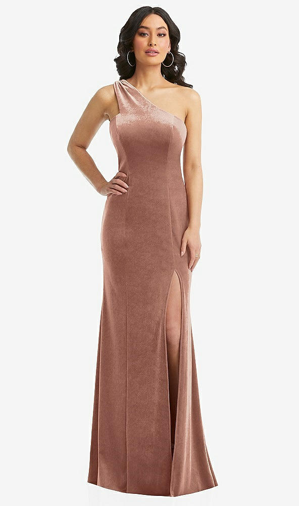 Front View - Tawny Rose One-Shoulder Velvet Trumpet Gown with Front Slit