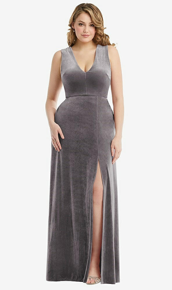 Front View - Caviar Gray Deep V-Neck Sleeveless Velvet Maxi Dress with Pockets