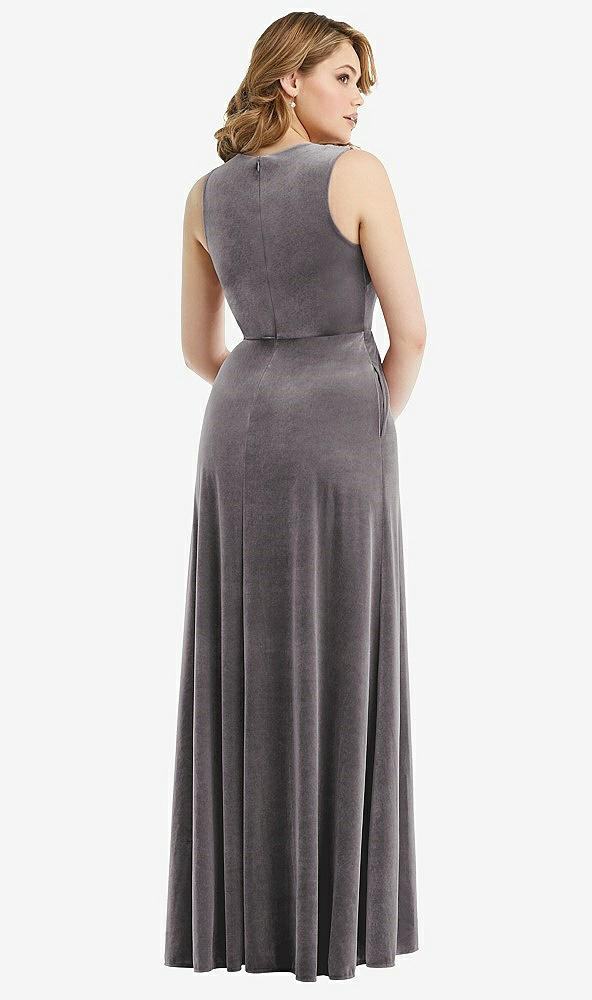 Back View - Caviar Gray Deep V-Neck Sleeveless Velvet Maxi Dress with Pockets