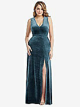 Front View Thumbnail - Dutch Blue Deep V-Neck Sleeveless Velvet Maxi Dress with Pockets
